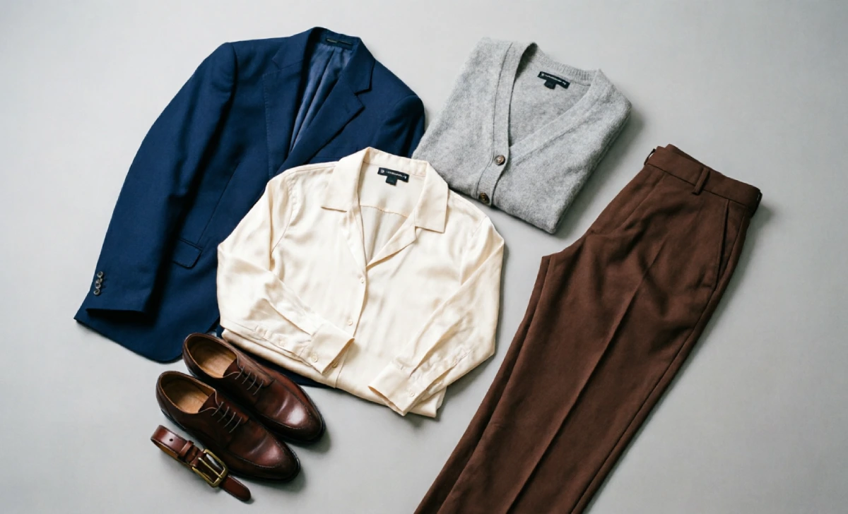 Neutral colors that go with brown clothes including cream, grey, and navy outfit pieces.