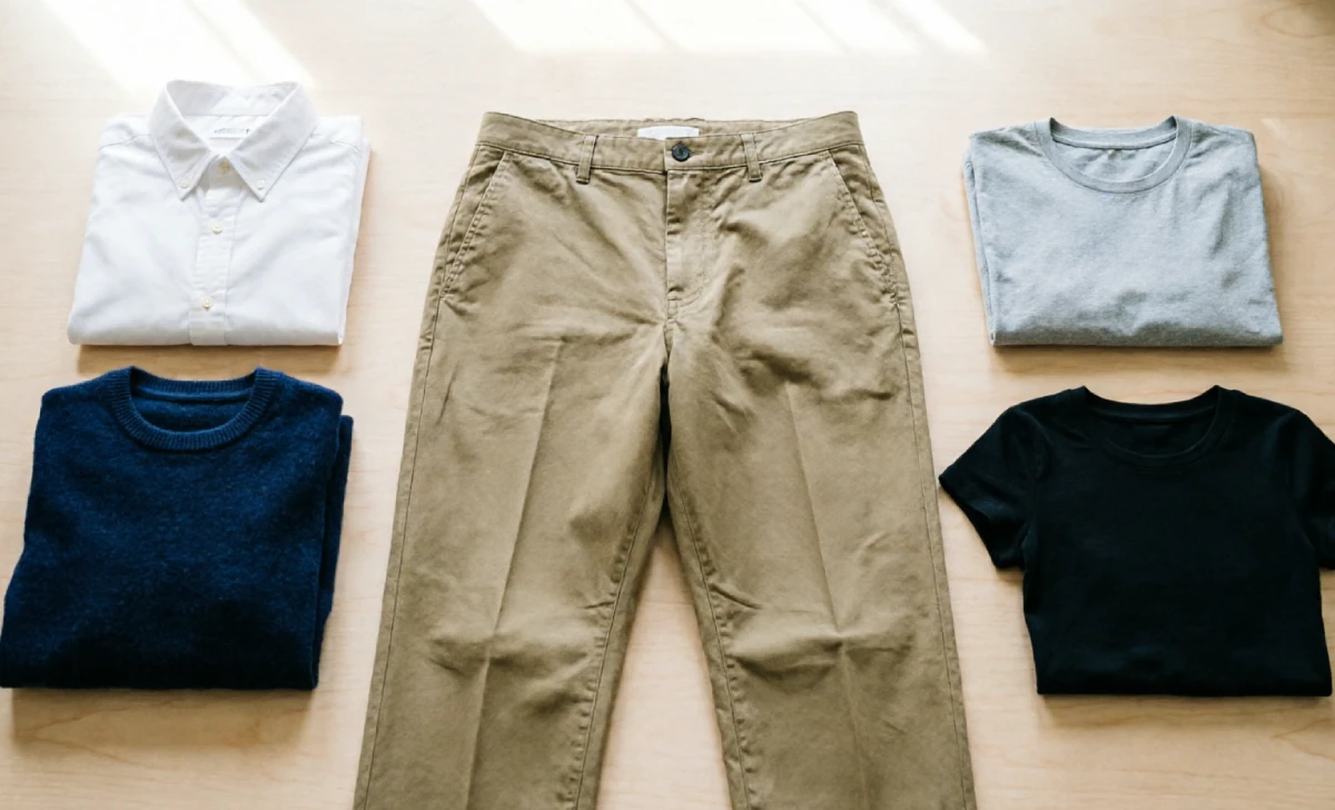 Khaki pants styled with white, navy, grey, and black tops