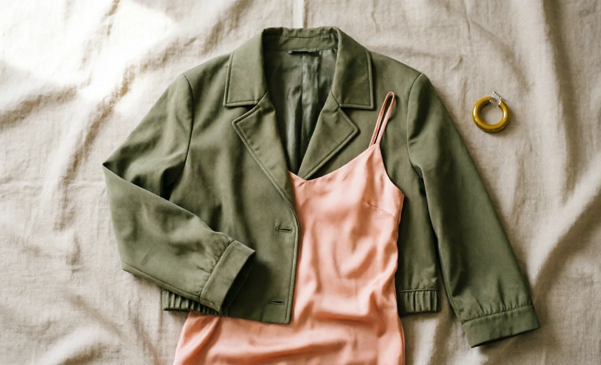 Olive green jacket styled with blush pink and mustard yellow accents