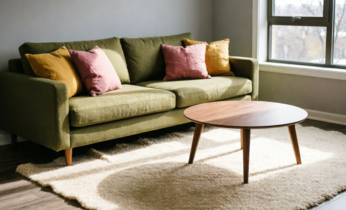 Living room decor using colors that go with olive green sofa and cushions