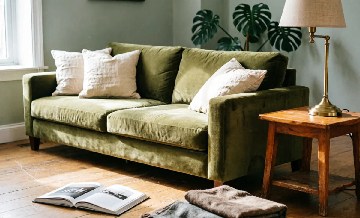 Olive green sofa styled with cream pillows and brass accents in a living room