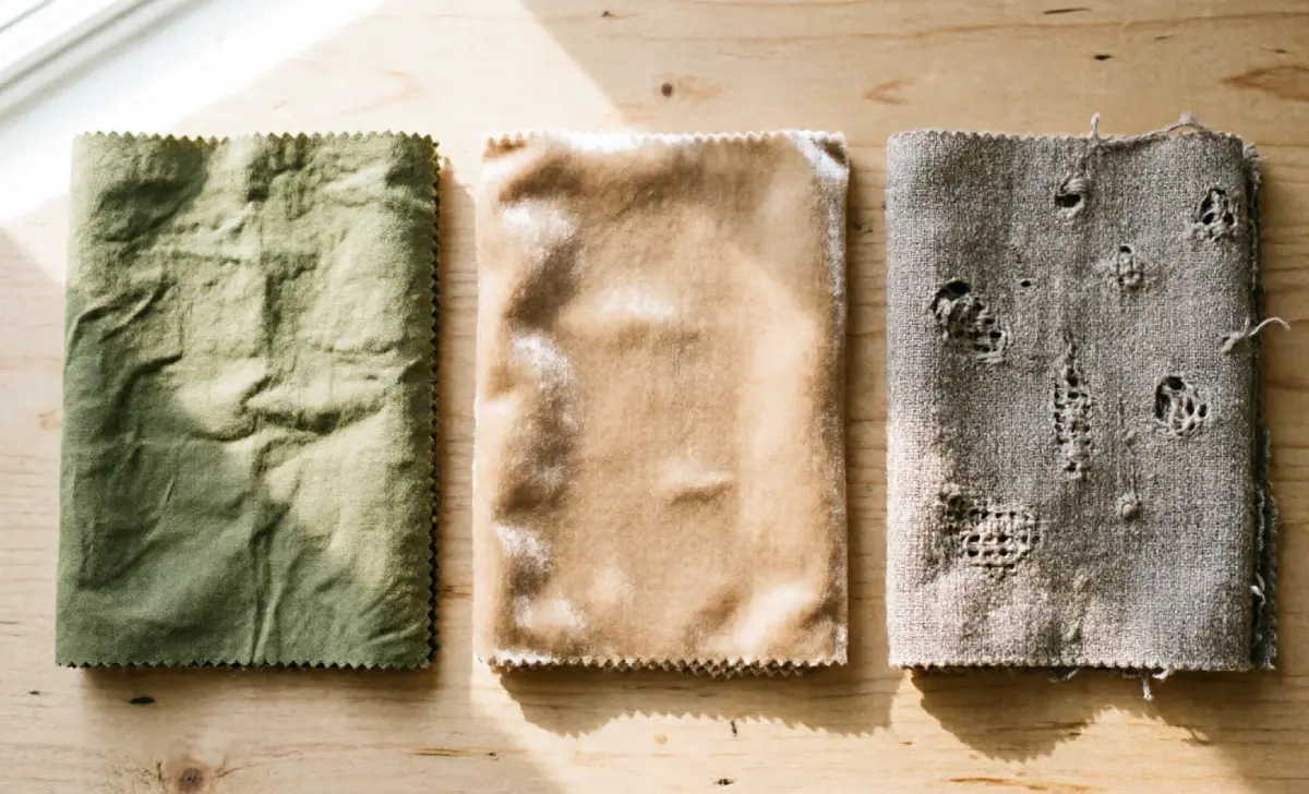 Olive green fabric next to warm cream and greige neutral swatches