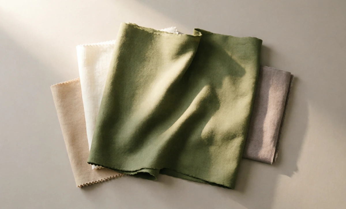 Olive green fabric swatch paired with cream, beige, and taupe neutral tones