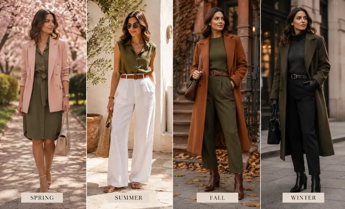 Olive green outfits styled for spring, summer, fall, and winter
