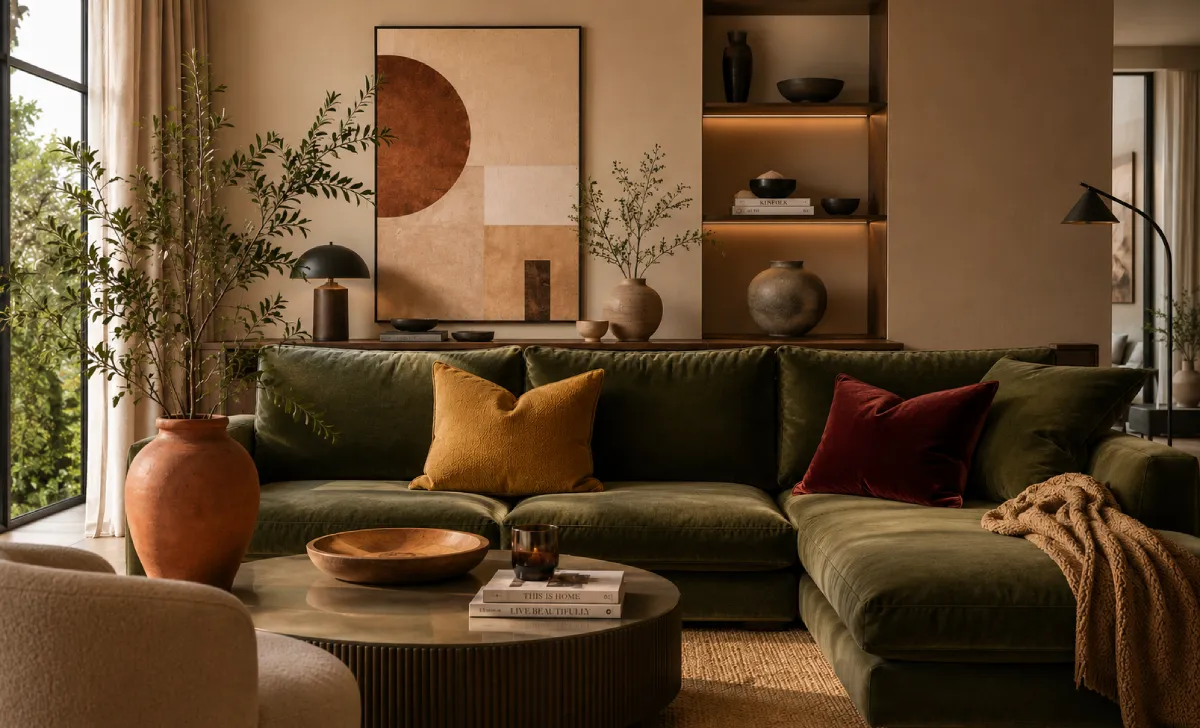 Olive green sofa styled with mustard, terracotta, and burgundy accent pieces