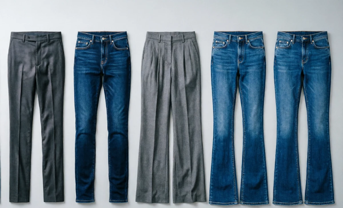 Comparison of pants fits including straight-leg, slim, skinny, wide-leg, and flare styles