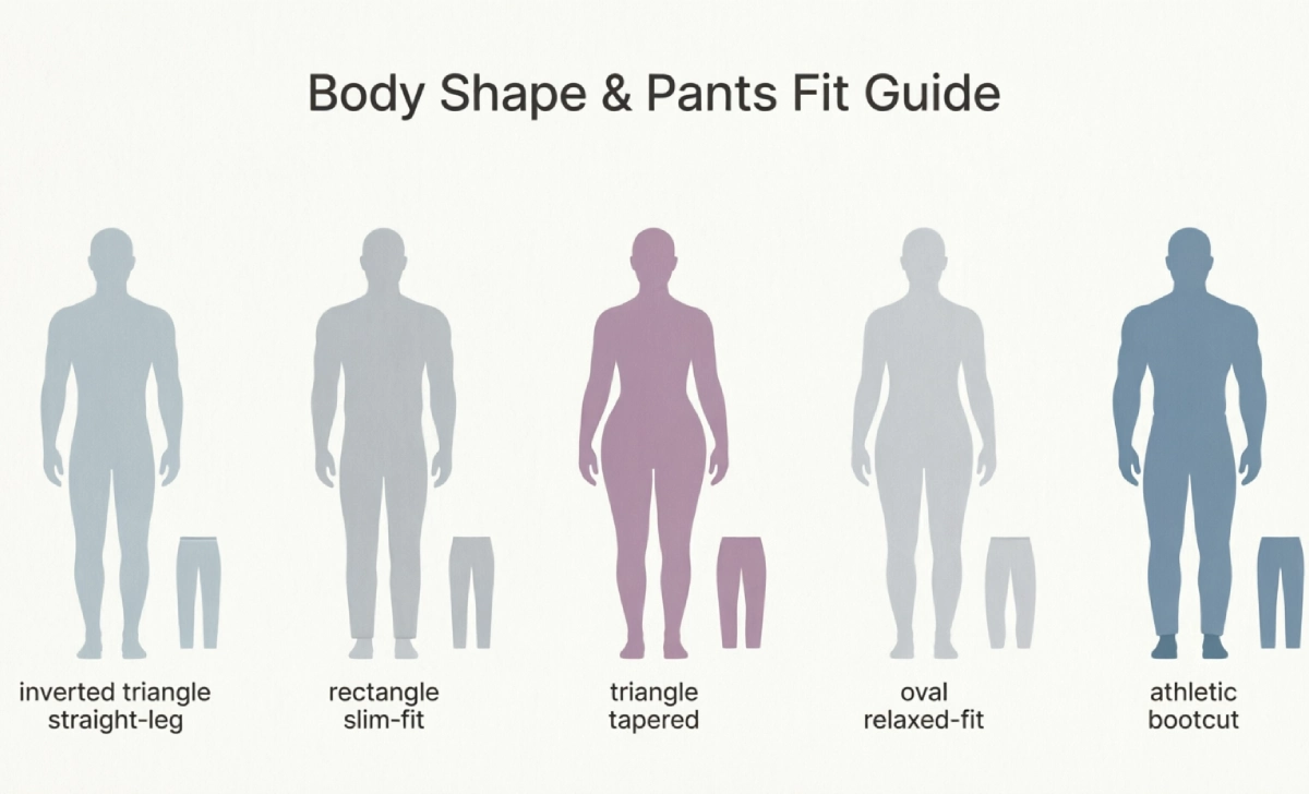 Body shape guide showing recommended pants styles for pear, apple, hourglass, and rectangle shapes