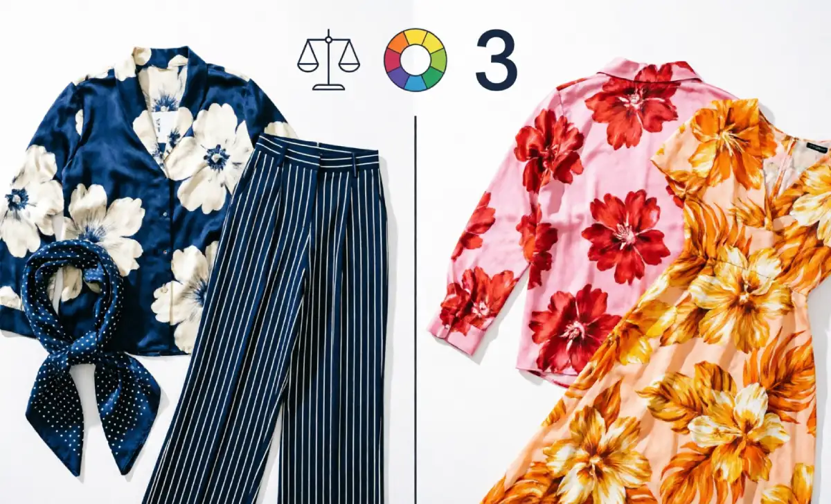 Pattern mixing rules for maximalist outfits showing large floral print with small dots and stripes, sharing a navy anchor color.