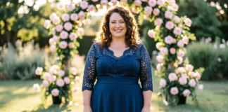 Plus size mother of the bride Dresses in navy A-line silhouette with lace sleeves