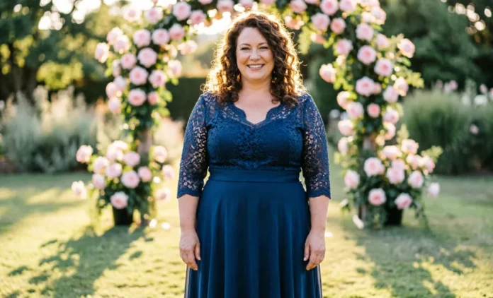 Plus Size Mother of the Bride Dresses – Elegant Navy A-Line Style Plus size mother of the bride Dresses in navy A-line silhouette with lace sleeves