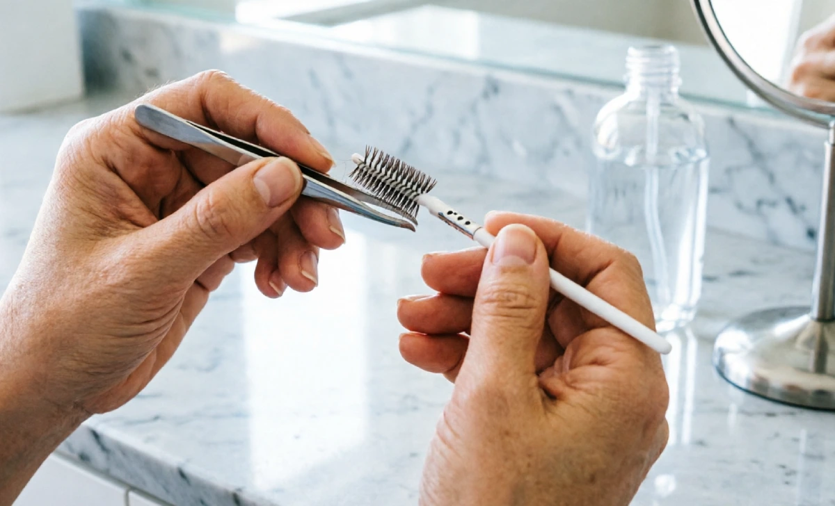 Shaping eyebrows at home with tweezers and a spoolie brush