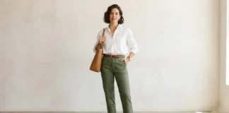 Man wearing white shirt with green pants outfit combination for casual style