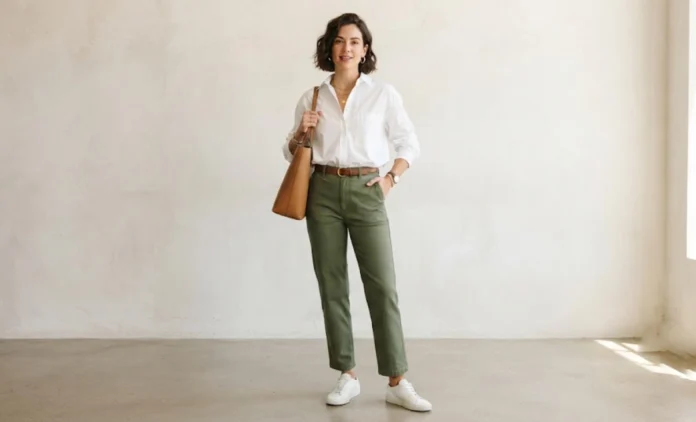 Shirt with Green Pants Outfit Ideas – Color Guide Man wearing white shirt with green pants outfit combination for casual style