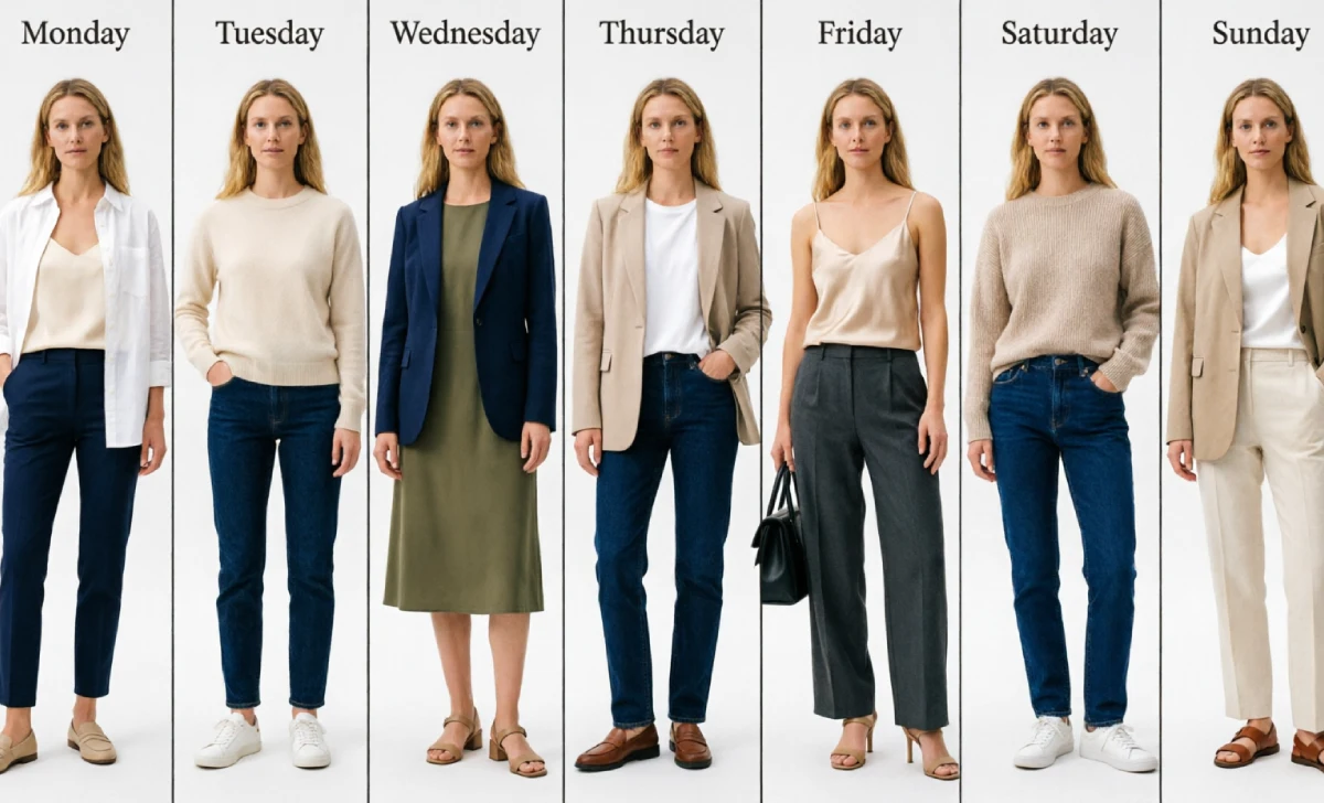 Collage of 7 smart casual women outfits for a week, showing different combinations of blazers, jeans, trousers, dresses, loafers, sneakers, and sandals