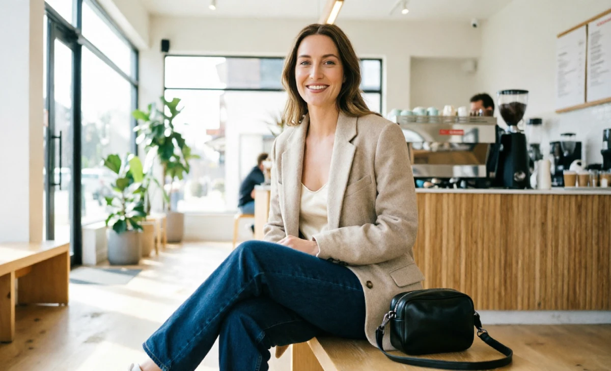 Smart casual women outfit proving jeans and sneakers can look polished: dark jeans, silk camisole, oatmeal blazer, and white leather sneakers