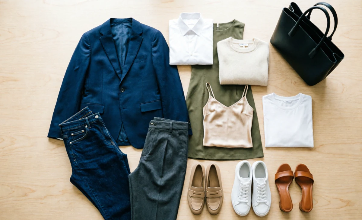 Flat lay of smart casual women wardrobe essentials: blazer, button-down, cashmere sweater, camisole, tee, jeans, trousers, midi dress, loafers, sneakers, sandals, tote bag