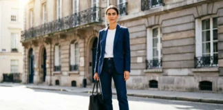 Smart casual women outfit: navy blazer, white tee, dark straight jeans, and beige loafers with a structured black tote.