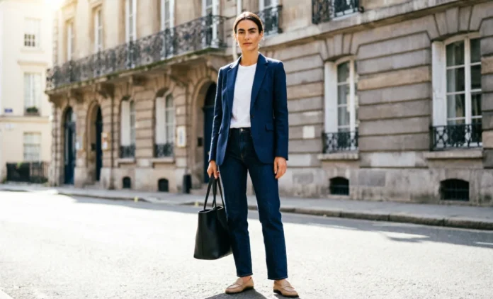 Smart Casual Women Outfit Formula Smart casual women outfit: navy blazer, white tee, dark straight jeans, and beige loafers with a structured black tote.