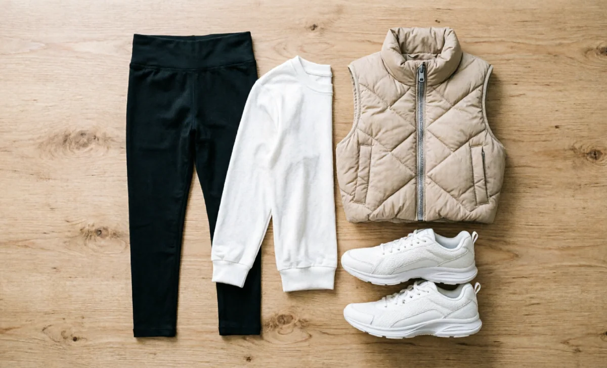 Soccer Mom Outfits core formula with leggings, top, vest and sneakers