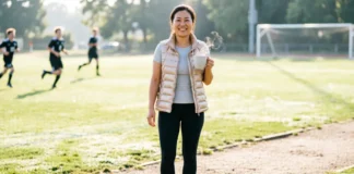 Soccer Mom Outfits with leggings, puffer vest and sneakers for game day