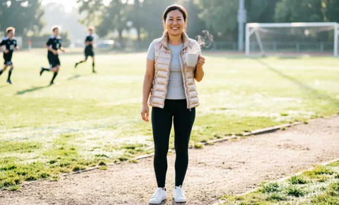 Soccer Mom Outfits – Layered Sideline Look Soccer Mom Outfits with leggings, puffer vest and sneakers for game day