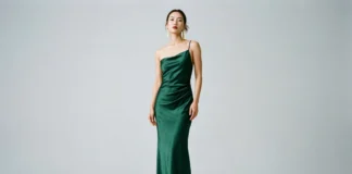 Woman showcasing the soft dramatic body type in a draped waist-defined outfit