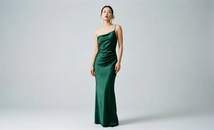 Woman showcasing the soft dramatic body type in a draped waist-defined outfit Woman showcasing the soft dramatic body type in a draped waist-defined outfit