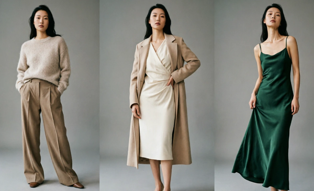 Casual, work, and evening outfits styled for the soft dramatic body type