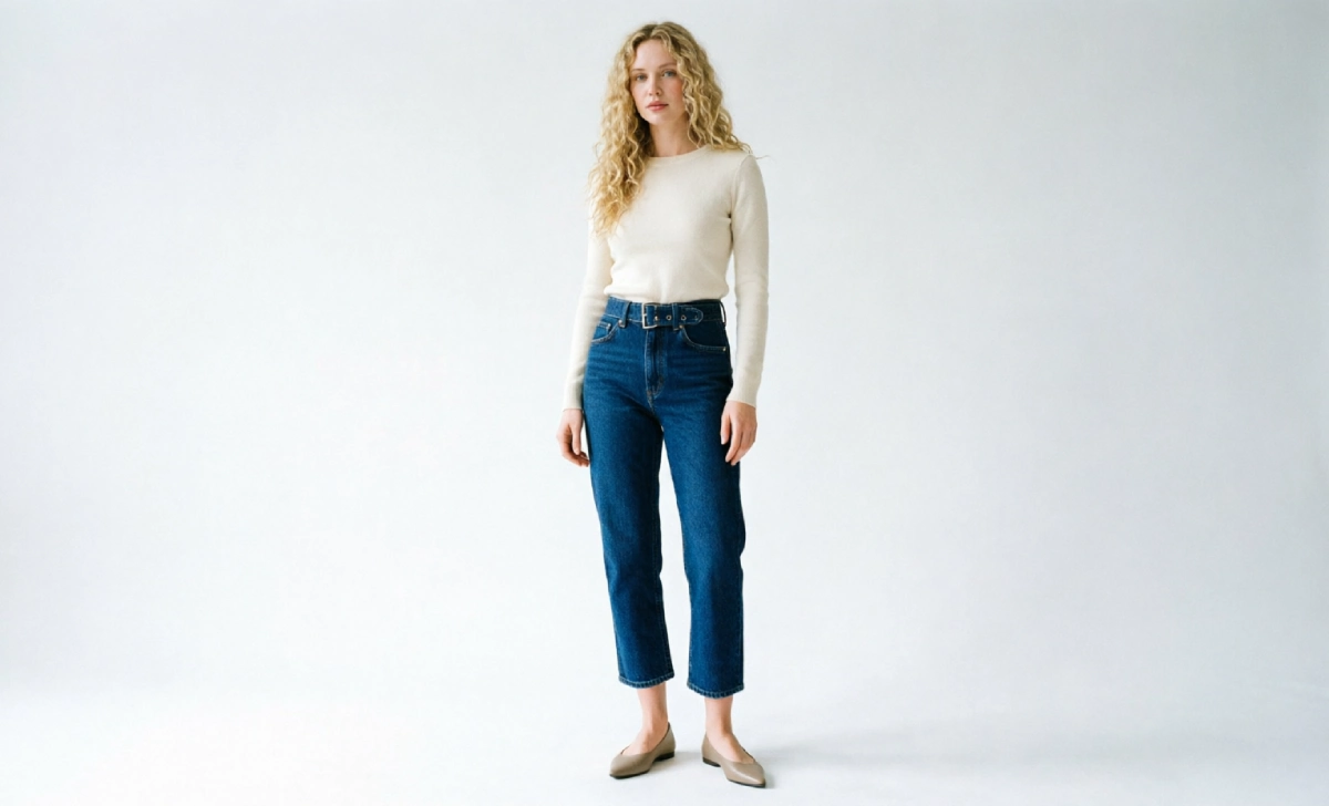 High-waisted cropped jeans and pointed flats styled for a soft gamine silhouette