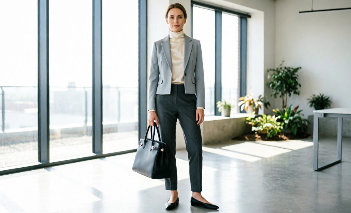 Soft gamine office outfit with cropped blazer, ankle trousers, and structured tote
