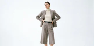 Soft gamine outfit featuring cropped blazer, high-waisted trousers, and defined waist styling