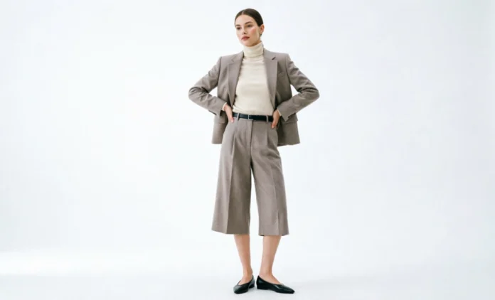 Soft Gamine Outfit Ideas – Cropped Blazer and High-Waisted Trousers Look Soft gamine outfit featuring cropped blazer, high-waisted trousers, and defined waist styling