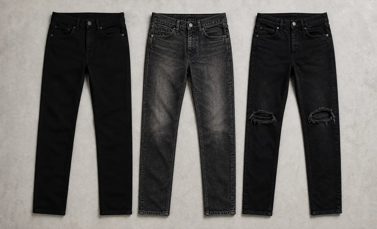Comparison of solid matte black jeans versus faded and distressed black denim for office wear