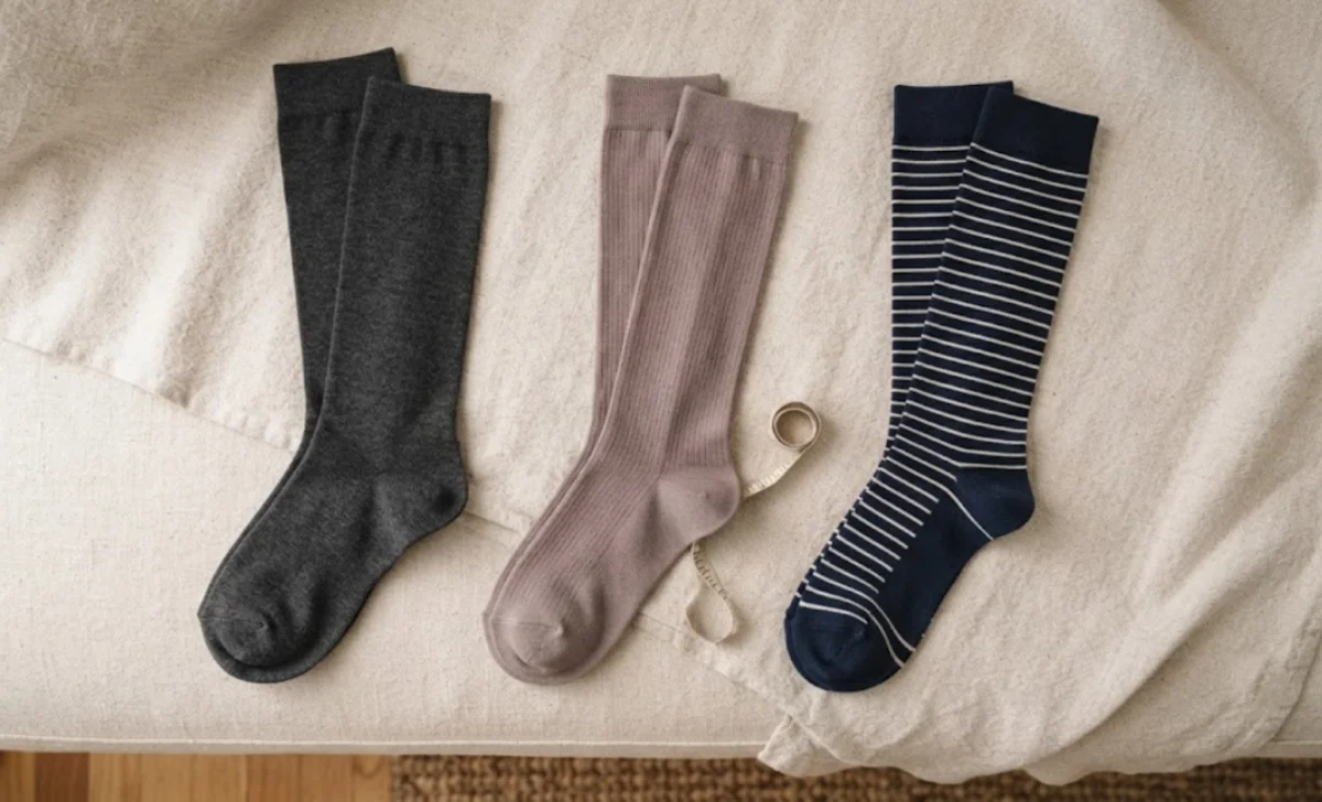 Stylish maternity compression socks in charcoal, mauve, and navy colors