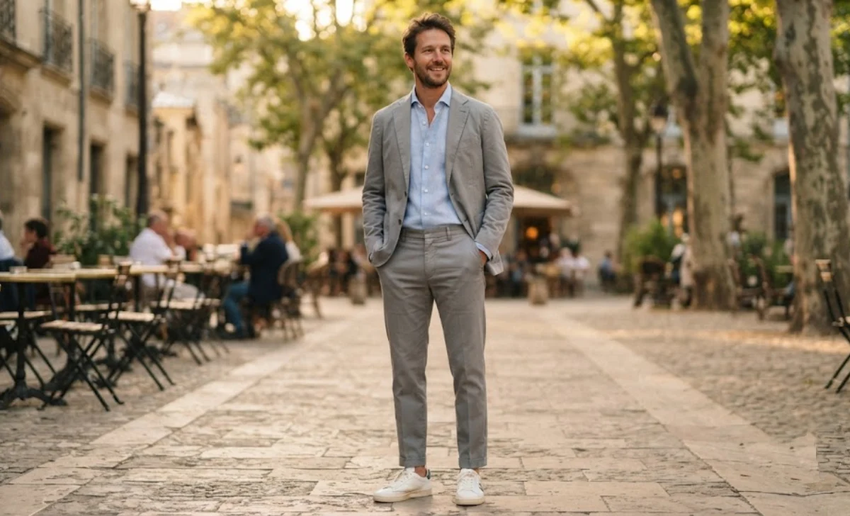 Grey suit with white sneakers outfit formula for suits with sneakers