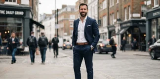Man wearing a navy suit with white leather sneakers, suits with sneakers style