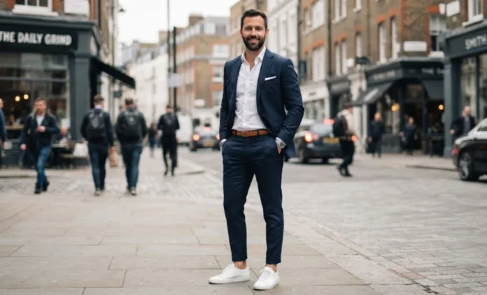 Suits with Sneakers Style Guide Man wearing a navy suit with white leather sneakers, suits with sneakers style