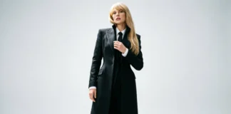 Taylor Swift Kibbe type Dramatic body shape illustration with vertical line