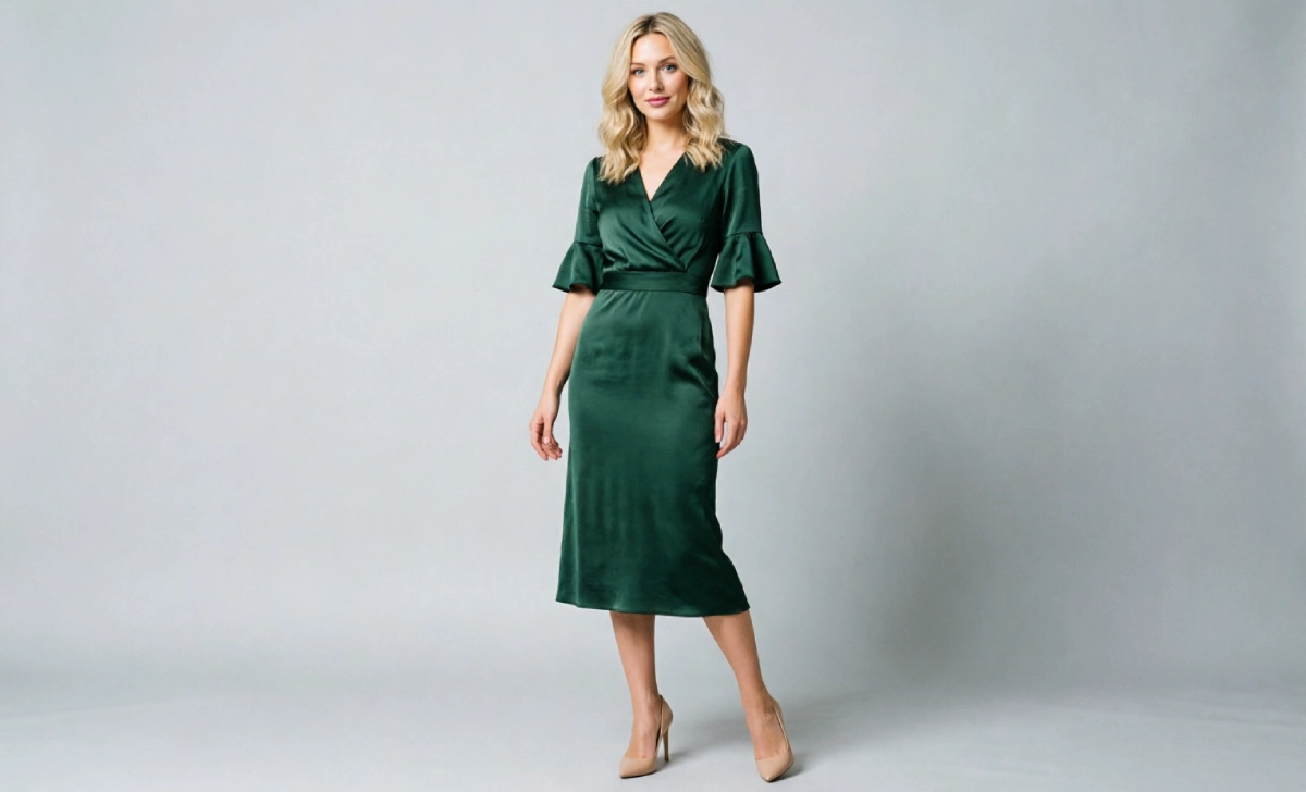 Petite woman wearing tea length dress with nude heels for elongated silhouette