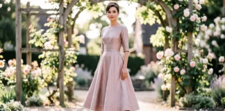 Woman wearing an elegant tea length dress with A-line silhouette and heels