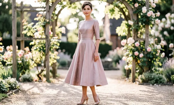 Tea Length Dress Styling Guide Woman wearing an elegant tea length dress with A-line silhouette and heels