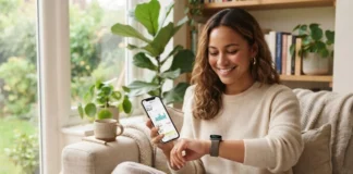 Person using a smartwatch and phone, showing technology positive effects on wellness through fitness and health tracking apps.