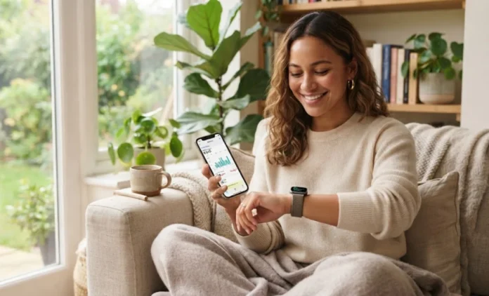 Technology Positive Effects on Wellness Person using a smartwatch and phone, showing technology positive effects on wellness through fitness and health tracking apps.