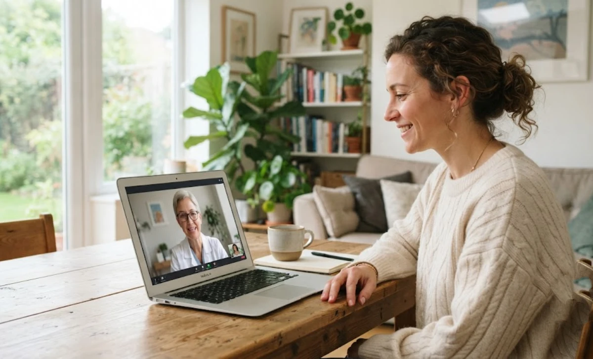 Person on a video call with a doctor at home, showing technology positive effects on wellness through telehealth.