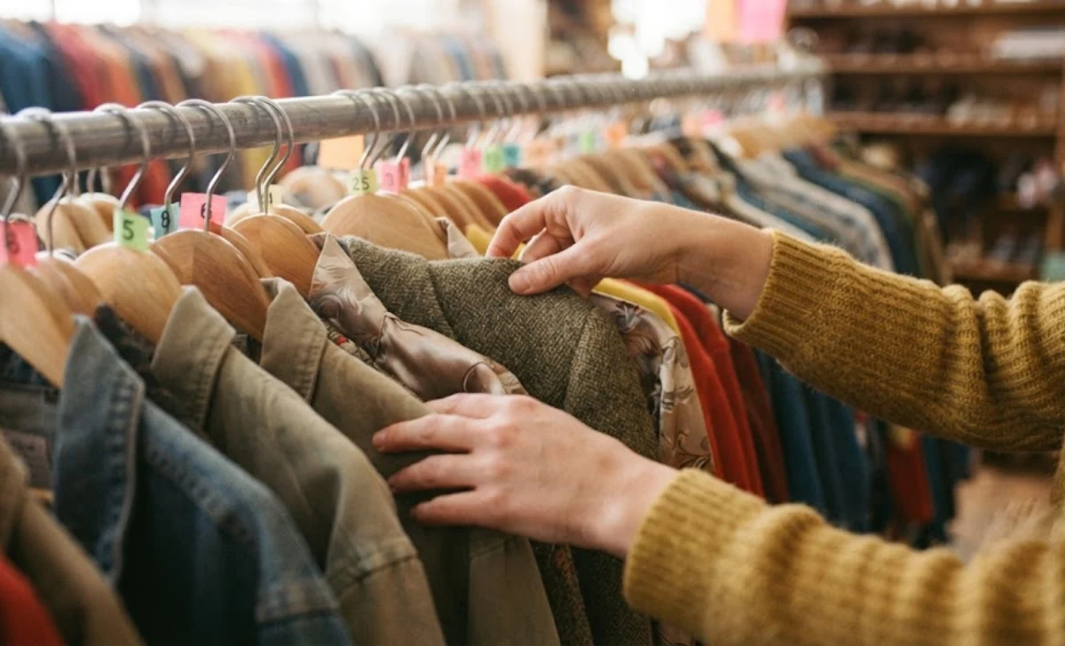 Hands checking fabric texture on a thrift store clothing rack