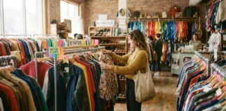 Thrifting Guide - racks of secondhand clothing at a thrift store for affordable, sustainable fashion shopping.
