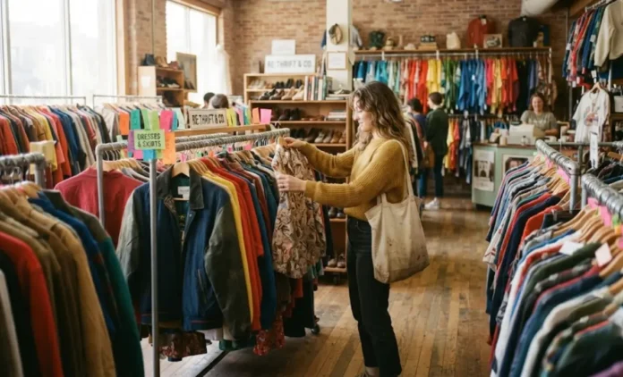 Thrift Store Clothing Racks – Secondhand Shopping Finds Thrifting Guide - racks of secondhand clothing at a thrift store for affordable, sustainable fashion shopping.