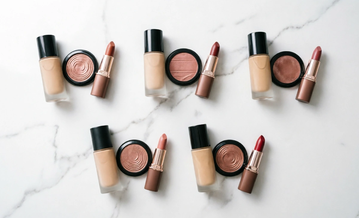 Comparison flat-lay of the top five makeup sets for mature skin reviewed in this guide