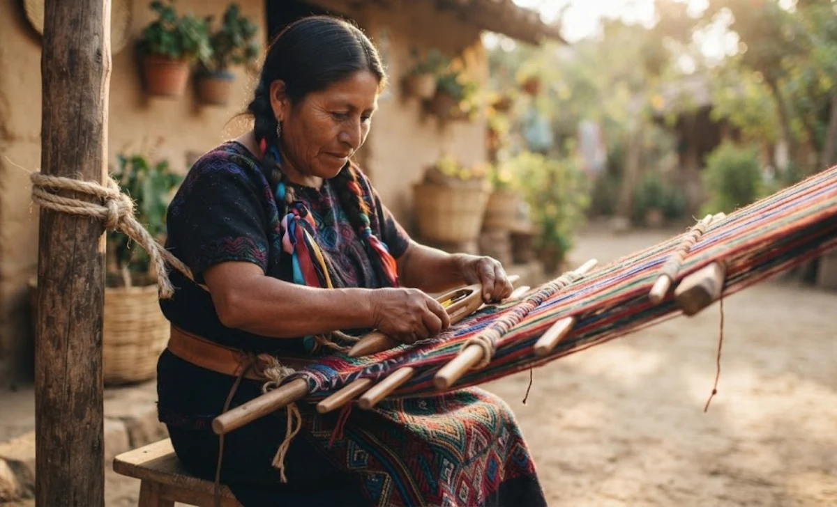 Artisan weaving traditional Mexican clothing fabric using an ancient backstrap loom.