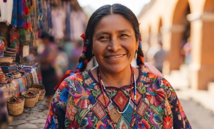Traditional Mexican Clothing — Embroidered Huipil Dress Woman wearing traditional Mexican clothing, a colorful embroidered huipil with floral patterns.
